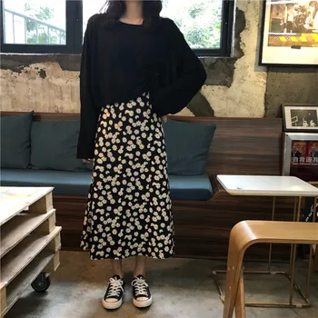 

Vintage Floral Print Ruffle Pleated Long Skirts summer Women Korean Skirt Streetwear Drawstring Elastic Waist Midi Skirt S-xxl