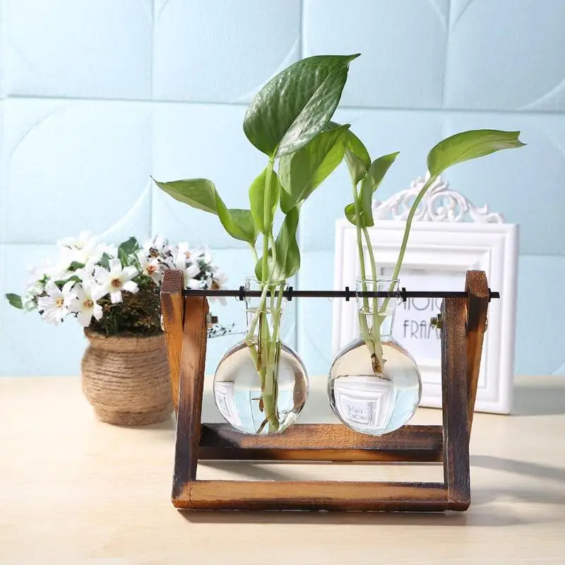 

Glass and Wood Vase Planter Terrarium Table Desktop Hydroponics Plant Bonsai Flower Pot Hanging Pots with Wooden Tray Home Decor