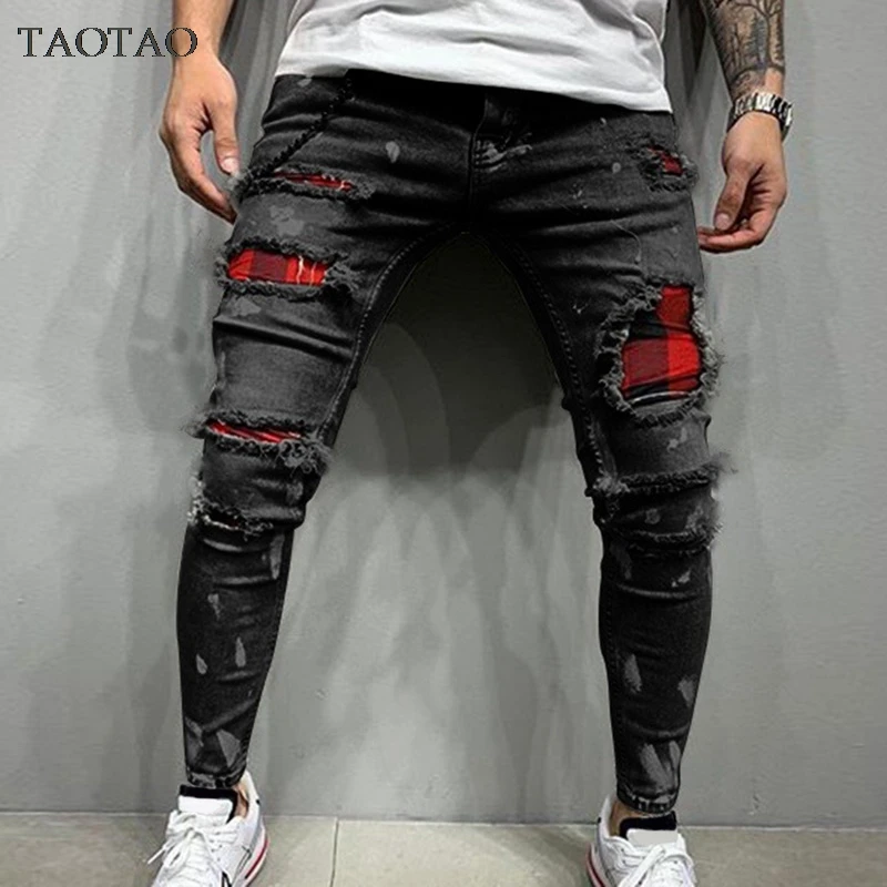Pantalones vaqueros acolchados bordados para hombre, Vaqueros ajustados rasgados de rejilla, elásticos, de cintura elástica, para trotar