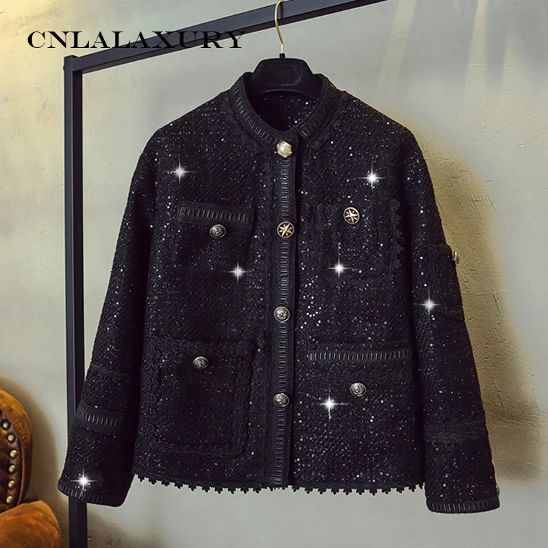 

New Luxury Designer Brand Jacket for Women Fashion Stand Collar Single Breasted Sequined Lace Short Coat Black Outwear