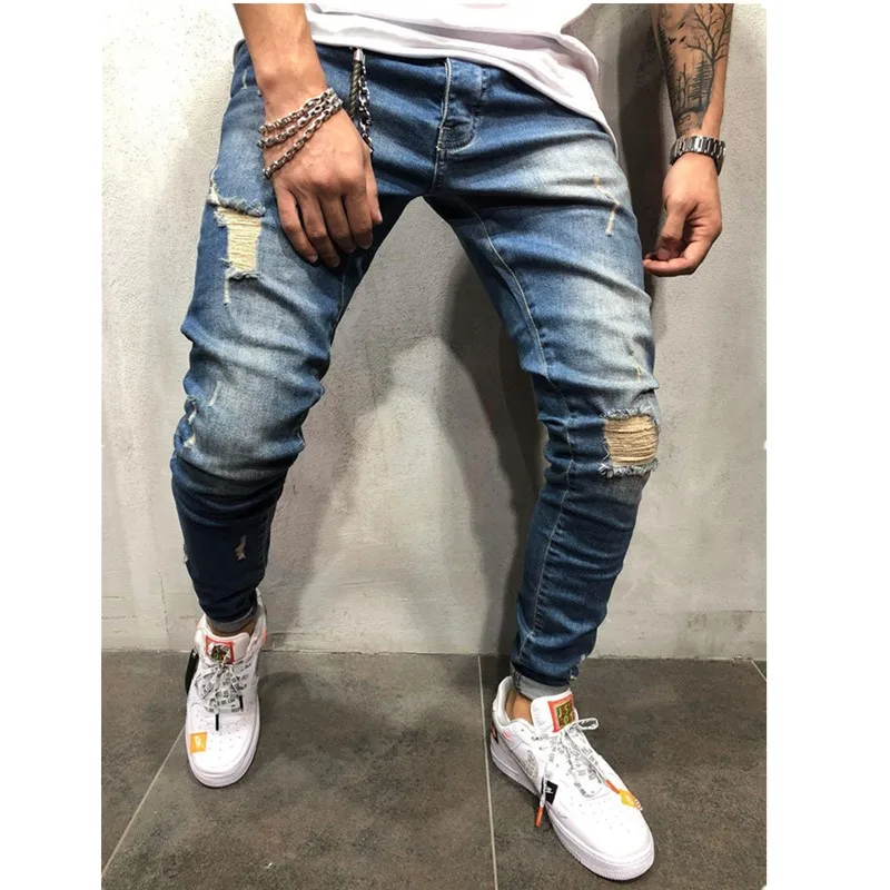 

GustOmerD 2019 New Fashion Men's Jeans Solid Sknny Denim Jeans Men Casual Hole Biker Jeans Men Streetwear