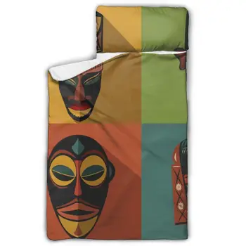 

African Ethnic Tribal Masks Nap Mat with Pillow for Toddler Boys and Girls Ideal for Daycare and Preschool