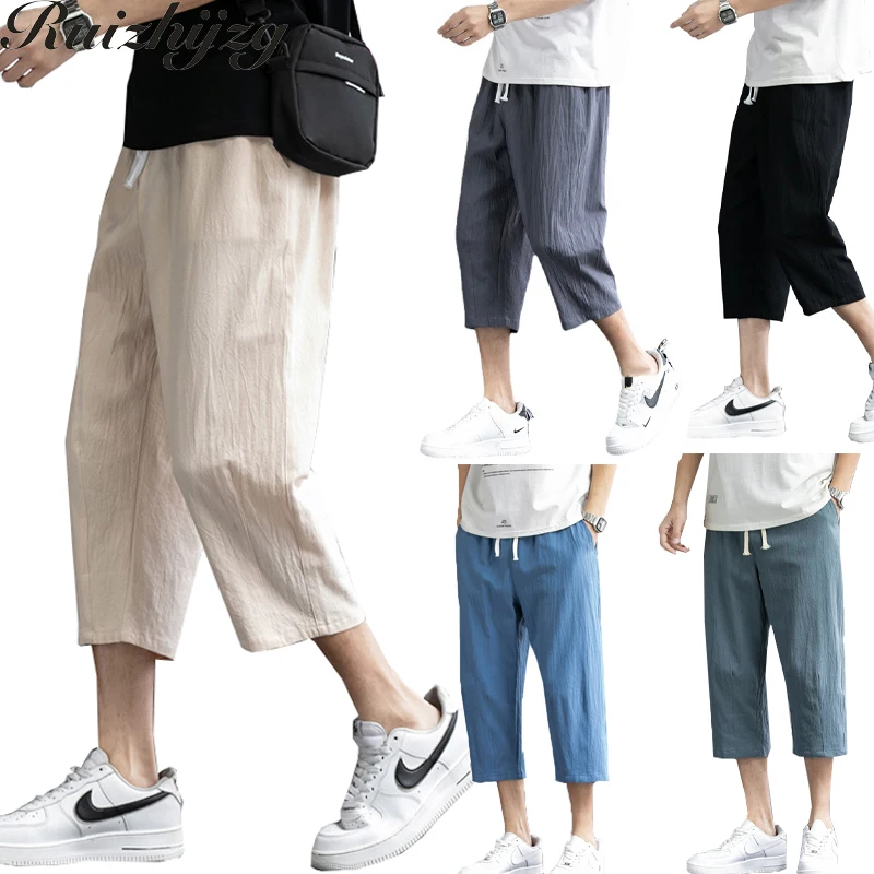 smart casual shorts Ruizhijzg M-5XL  with Pocket Men Casual Sport Running Loose Plus Size Summer Capris Japanese Cotton Linen Comfy Short Pant casual shorts for men