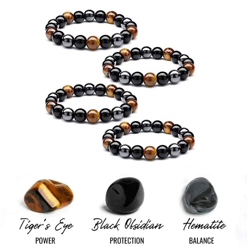 Triple Protection Bracelet For Men Women Bring Luck and Prosperity Hematite Black Obsidian Tiger Eye Stone Bracelets Men Jewelry - Image 2