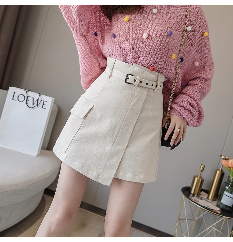 Trytree Autumn Women Casual Empire Short Skirt 5 Colour A-line Fashion Elegant Pockets Button Belt Mini Office Lady Short Skirt