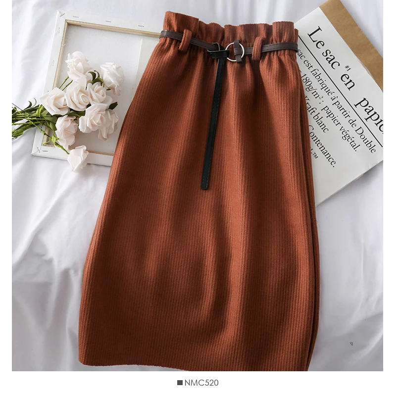 Women's Solid Skirts Autumn Winter Korean High Waist Elastic Waist Sexy Midi Pleated Skirt A-line Woman Falda LS259