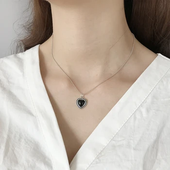 

Black Heart Choker Necklace Real 925 Sterling Silver Natural Stone Pendant Necklace Korean Womens Necklaces Jewelry Wholesale