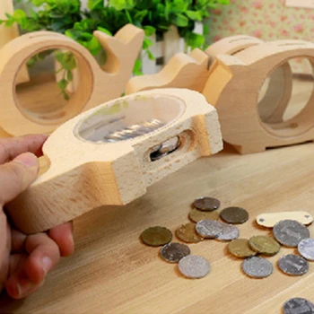 

Wood Animal Coin Bank With Transparant Glass Cartoon Doll Piggy Bank For Paper Money Safe Counter Cash Box For Kids Child Gift