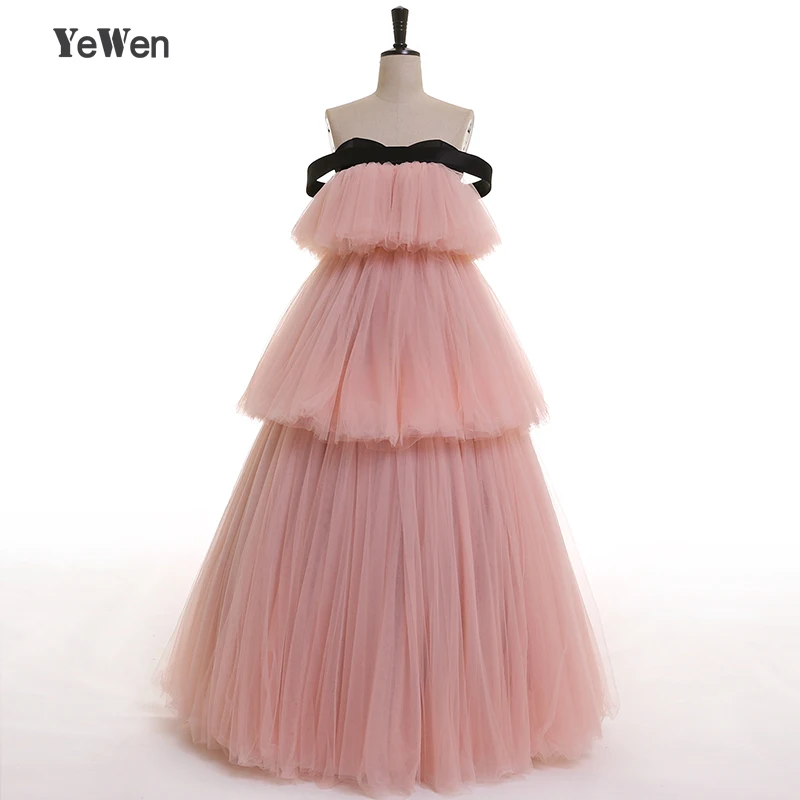 long gown YeWen 2020 Off The Shoulder Cake Shape Pink Sexy A-line Tulle Ball Gown Evening Dress Prom Dresses Vestido De Noiva Real Picture gold evening gowns Evening Dresses