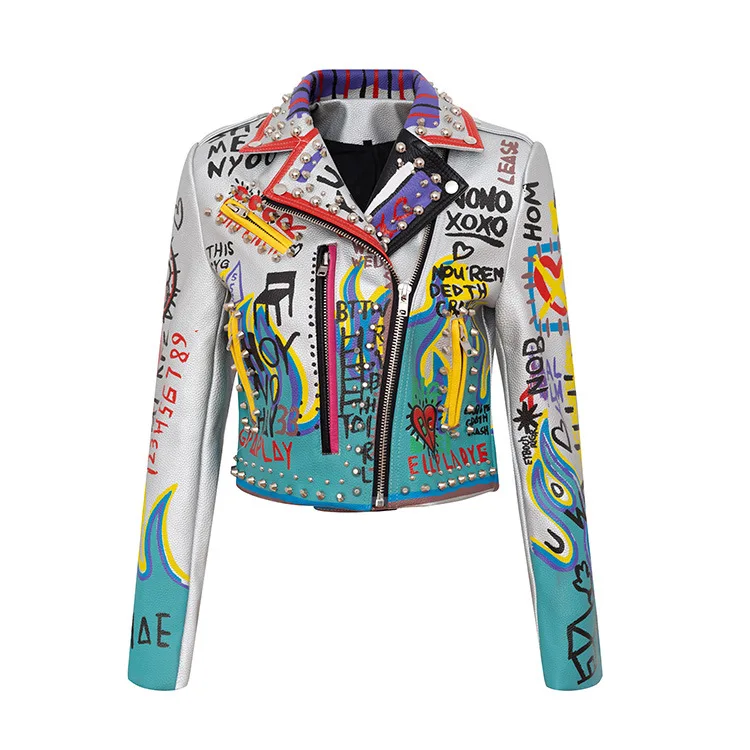 Мотоциклетная куртка из искусственной кожи с граффити и рукавами на молнии YS-YESS |