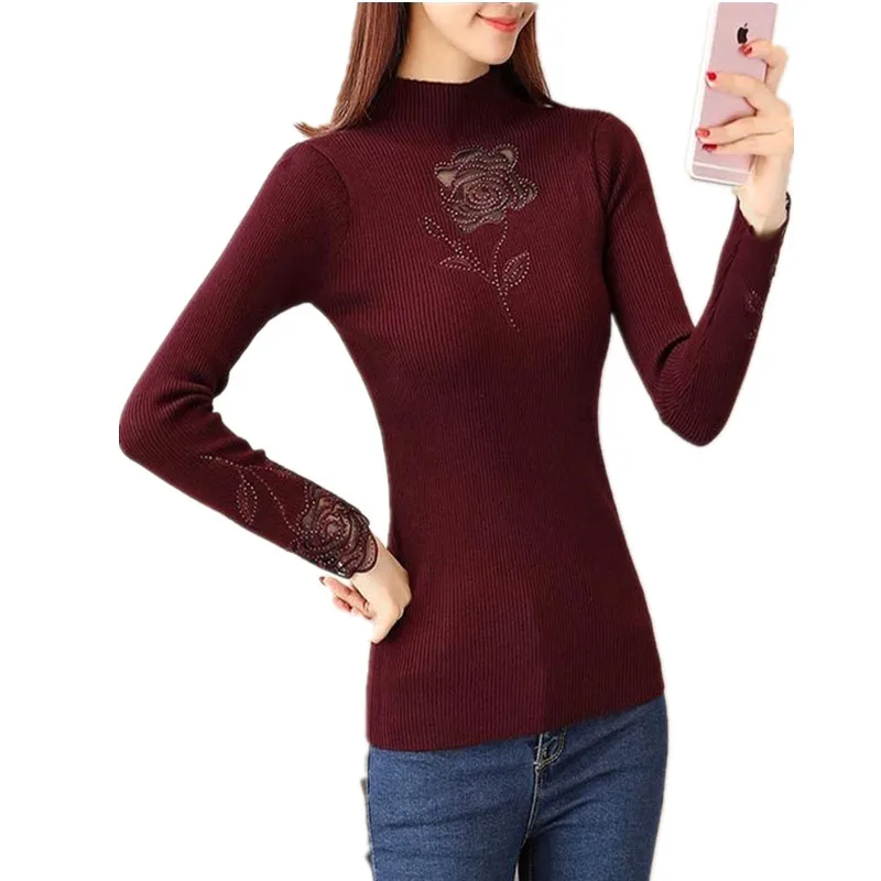 

Winter Pullover Semi-high collar Knit Sweater Perspective Black Lace Sexy Temperament Concise Fashion Womens Sweater