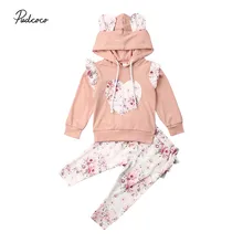 Коллекция года, брендовый свитер с капюшоном и объемными ушками для новорожденных девочек топы, штаны с оборками, штаны, комплект одежды милый спортивный костюм из 2 предметов