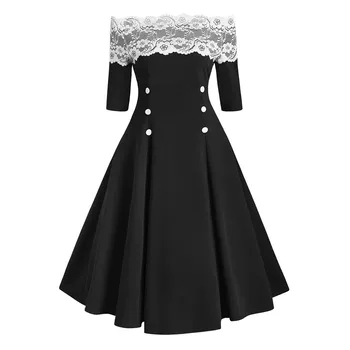 

Red Button Front Ruffle Flounce Sleeve Off the Shoulder Flare Vintage Dress Women Spring Summer Solid Long Party Dresses