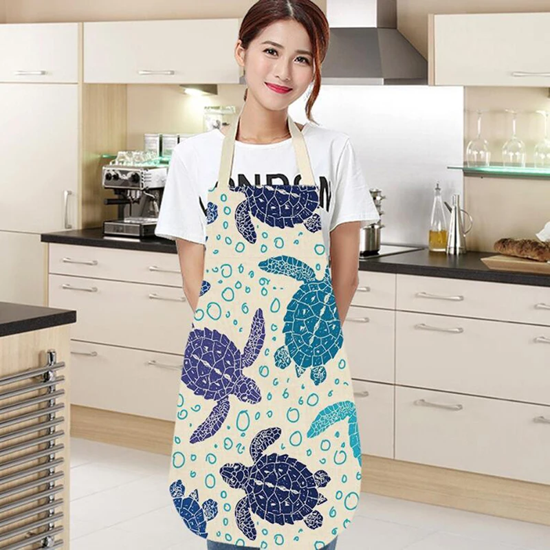 Kitchen Apron Funny Small Turle Printed Sleeveless Cotton Linen Aprons For Men Women Home Cleaning Tools