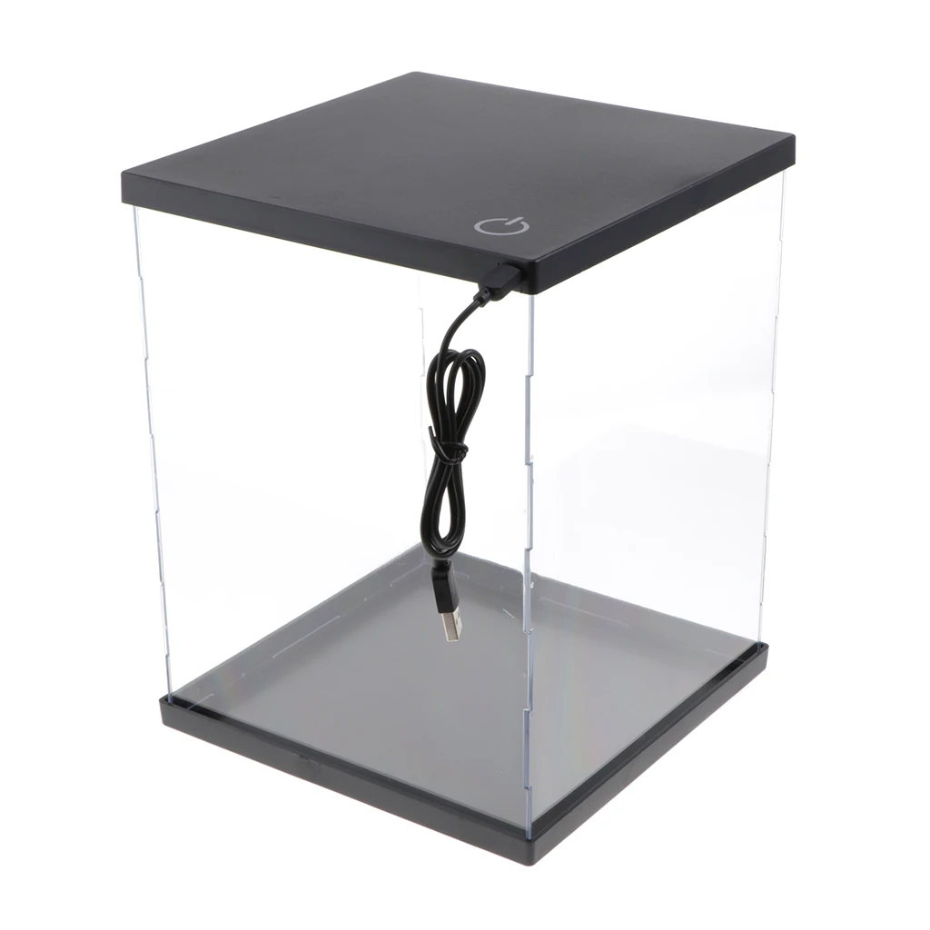 Clear Acrylic Plastic Display Box Case Dustproof Protection With Lights LED 21x21x35cm