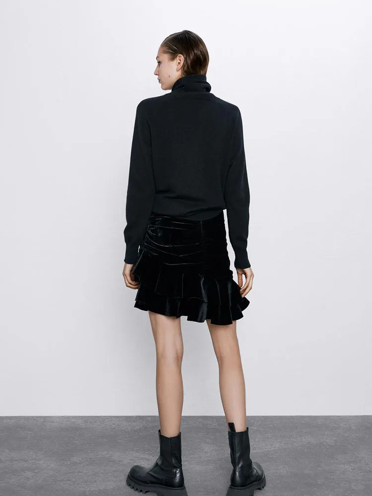 ZXQB шикарная бархатная юбка для женщин, модные асимметричные юбки с рюшами, повседневные женские элегантные юбки