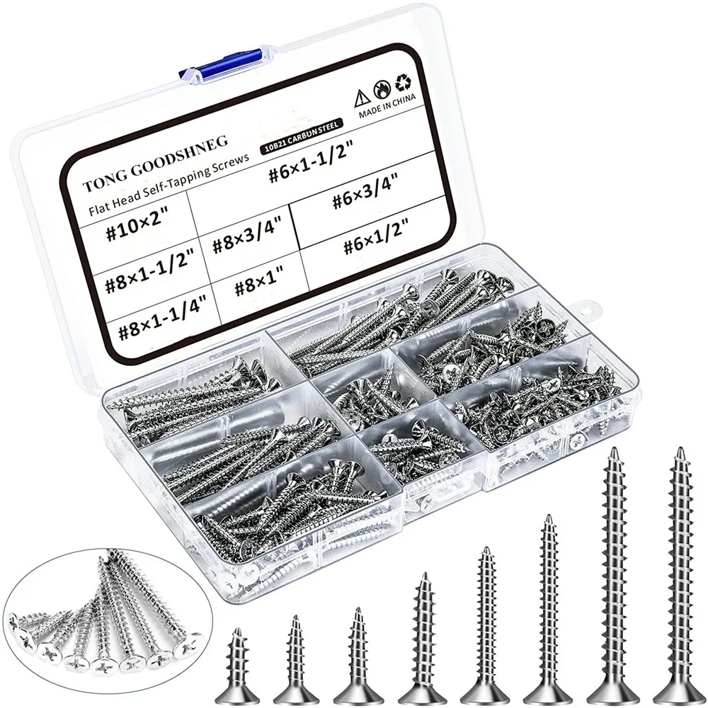 

Wood Screws Set,6#8#10 Drywall Screws Assortment,Carbon Steel Flat Head Self Tapping Screw Kit for Homemade,Repairment,Woodwork