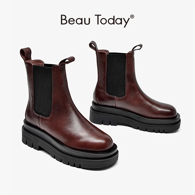 

Women Chelsea Boots Genuine Calfskin Leather Ankle Length Round Toe Elastic Bands Lady Platform Boots Handmade BeauToday 03470