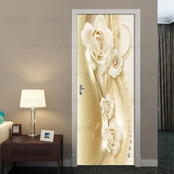 

Home Decoration Door Sticker 3D Luxury European Golden Rose Mural Wallpaper Living Room Kitchen PVC Waterproof Door Decal Poster