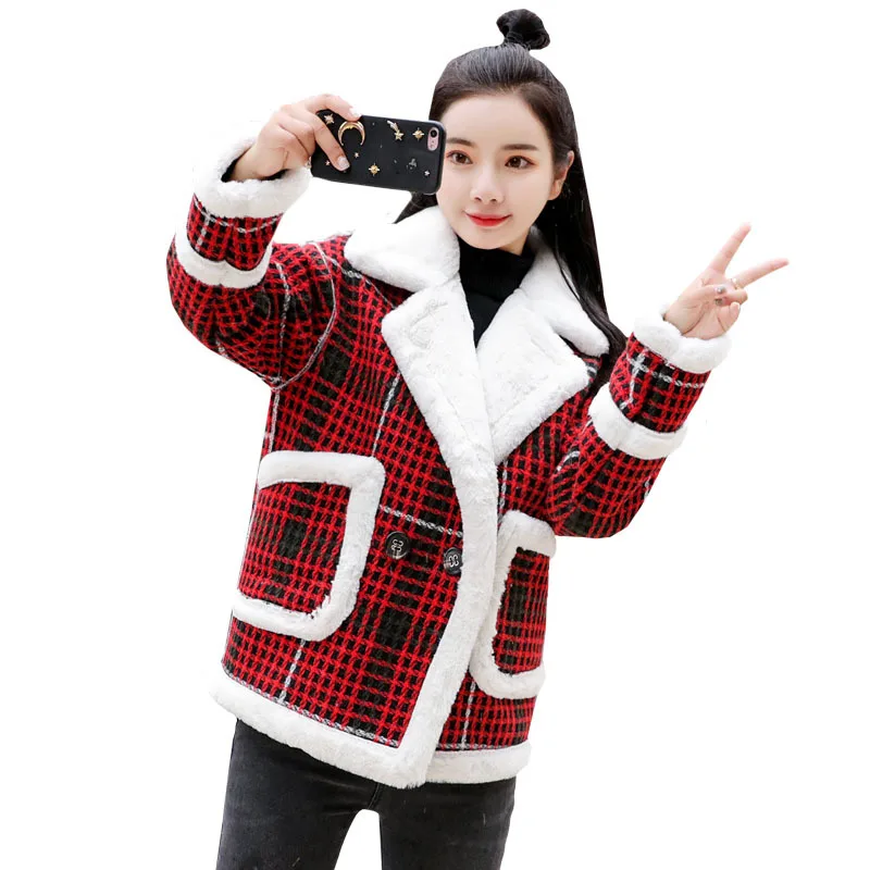 

Winter CHIC Lambs Wool Coat Women's Short 2018 New Style Korean-style Small Cotton-Padded Jacket Thick plus Velvet Plaid Cotton