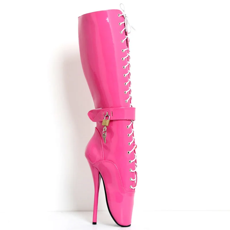 

New 18cm/7" High Heel LOCKY Lockable Ballet Boots Women Cross-tied Fetish Sexy Pinup Spike Heels Knee-high Boots