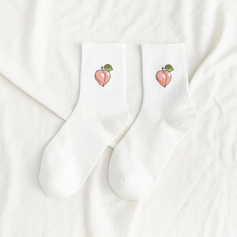 Peach Женские носки в стиле Харадзюку С мультипликационным фруктовым узором, однотонные лаконичные хлопковые носки для отдыха для женщин, дышащие впитывающие пот носки - Цвет: Peach