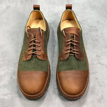 

Genuine Vintage Thick Bottom Leather Shoes Men Fashion Colorblock Spliced Denim Lace Up Non-Slip Work Boots Mens Casual Shoes