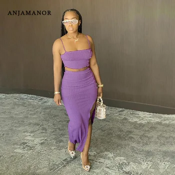 

ANJAMANOR Fashion Two Piece Set Crop Top Split Long Skirts 2020 Fall Clothes for Women Club Outfits Dress Matching Sets D83-CZ22