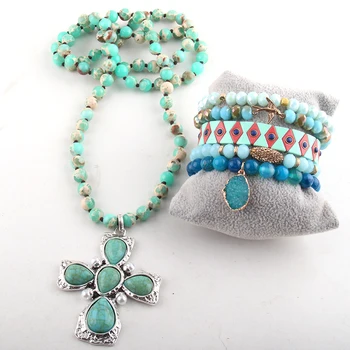 

MD Fashion Jewelry Set Semi Precious Beaded Blue Stone Knotted Pendant Necklace and Bracelet Set For Women Jewelry