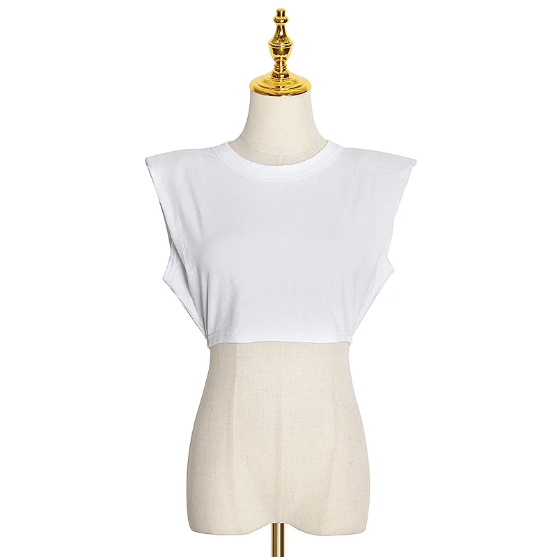 白.jpg TWOTWINSTYLE Minimalist Women T Shirt O Neck Sleevelesss Elegant Short T-Shirt For Female Fashion Clothing 2020 Spring Summer