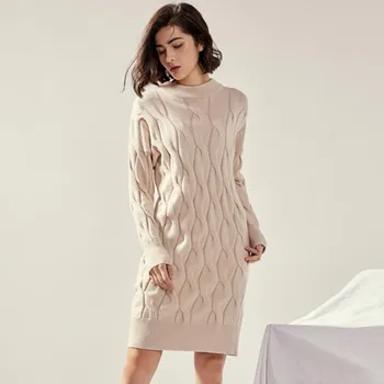 

2020 New Arrival Autumn Winter Thick Vintage Runway Designer Pullover Jumper Midi Knitted Knitting Sweater Dress Women Robe Pull