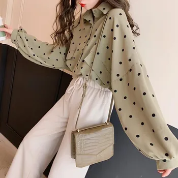 

Women's Green White Korean Style Turn-down Collar Loose Casual Polka Dot Pattern Blouse Fashion Sweet Long-sleeved Shirt 2020