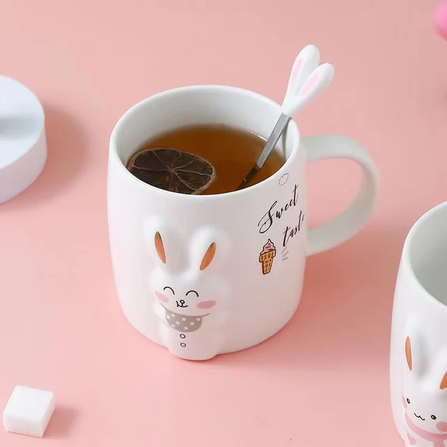 400ml Cute Bunny Coffee Mug Set Spoon With Lid Rabbit Ears Personality  Office Home Milk Breakfast Ceramic Cup - Mugs - AliExpress