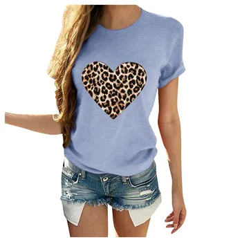 

Women Day Shirts Casual Short Sleeve O Neck Leopard Print Heart-shaped Top harajuku
