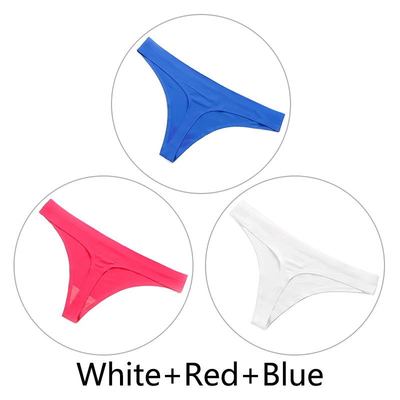White-Red-Blue 3 шт./партия нижнее белье, женские стринги и стринги открытый Шелковый бесшовный стринги сексуальные трусики нижнее белье с низкой посадкой женские танга прочные трусики - Цвет: White-Red-Blue