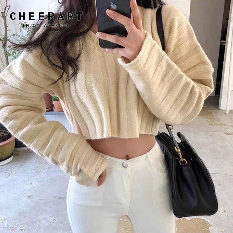 

Cheerart Fall 2019 Crop Sweater V Neck Cropped Sweater Top Korean Style Women Pullover Knitted Sweater Autumn Clothes