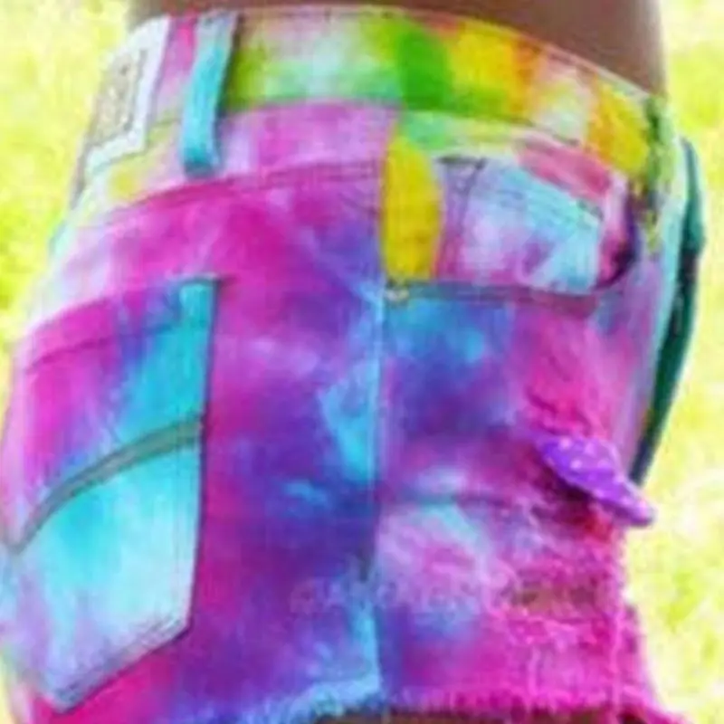 Women Casual Sexy Ripped Denim Shorts Rainbow Color Printed Pocket
