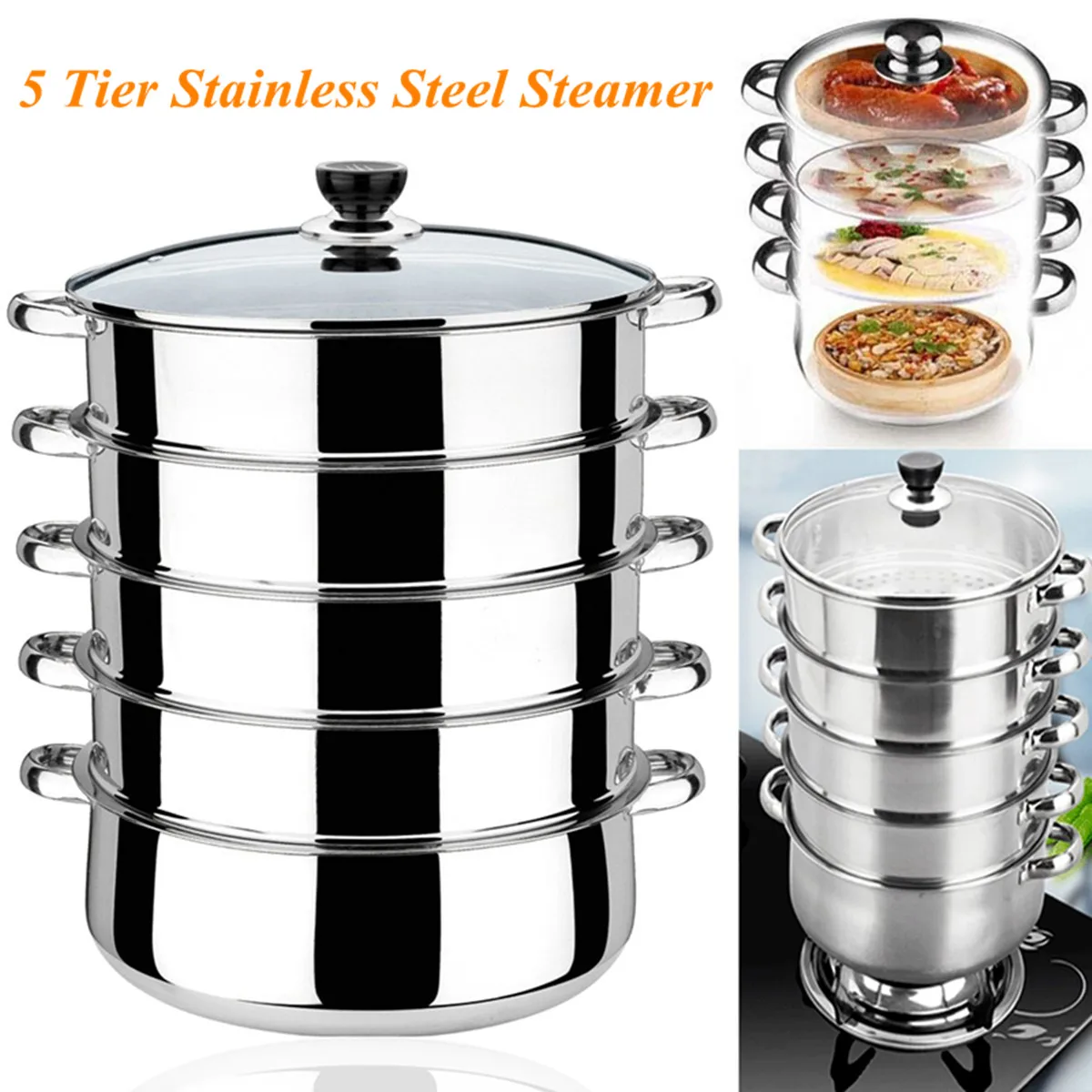 

5 Tier Stainless Steel Soup Pot Thick Cooking Steamer Gas Induction Compatible Cooker Saucepan Pot Cookware Instant Pot 30cm