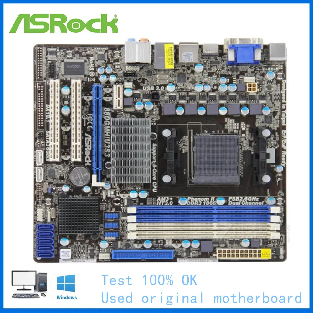 Материнская плата для ASRock 880GMH/U3S3 компьютера USB2.0 SATA II AM3 + DDR3 AMD 880G 880 б/у настольной