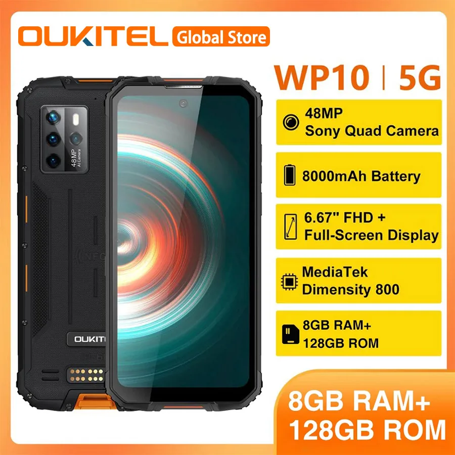 OUKITEL WP10 6.67‘’ FHD Android 10.0 Helio P35 Octa Core 8000mAh 48MP Quad Camera 8GB 128GB IP68 Rugged Mobile Phone