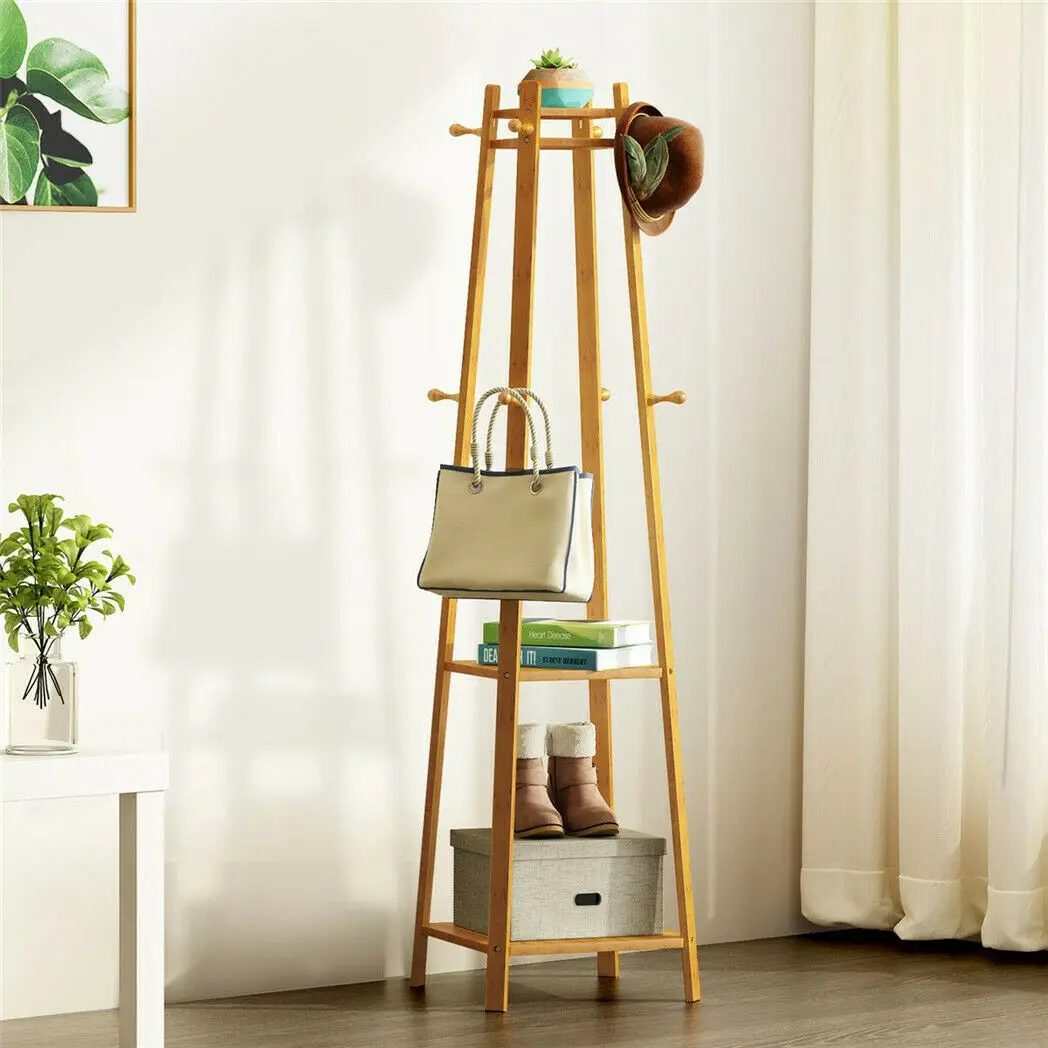 Bamboo Coat Rack Free Standing 2-Shelves Clothing Storage Garment Organizer Stand with 8 Hooks Clothes Poles 55kg Load-bearing f 3