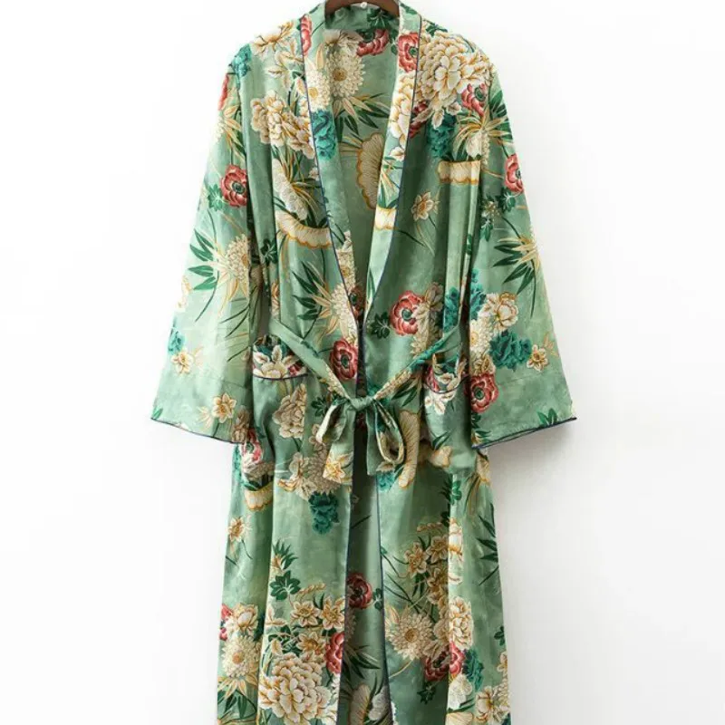 

2023 Women Suit Female Fashion Holiday Style Flower Pattern Print Kimono Loose Casual Pajama Jacket Trousers