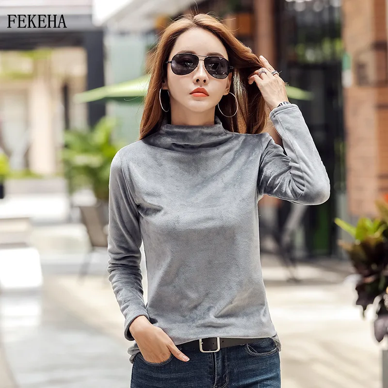 

Autumn Winter Half Turtleneck Tshirt Women Basic Tops Soft Keep Warm Pleuche Femme Long Sleeve Tee Office Shirt Plus Size