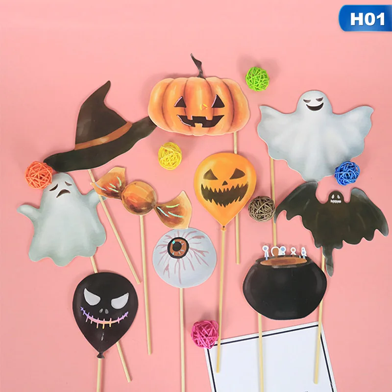 10 Pcs Halloween Decoration Photo Booth Props Mask Photo Props Spider Bat Witch Cats Wedding Birthday Party Accessories - Цвет: H01
