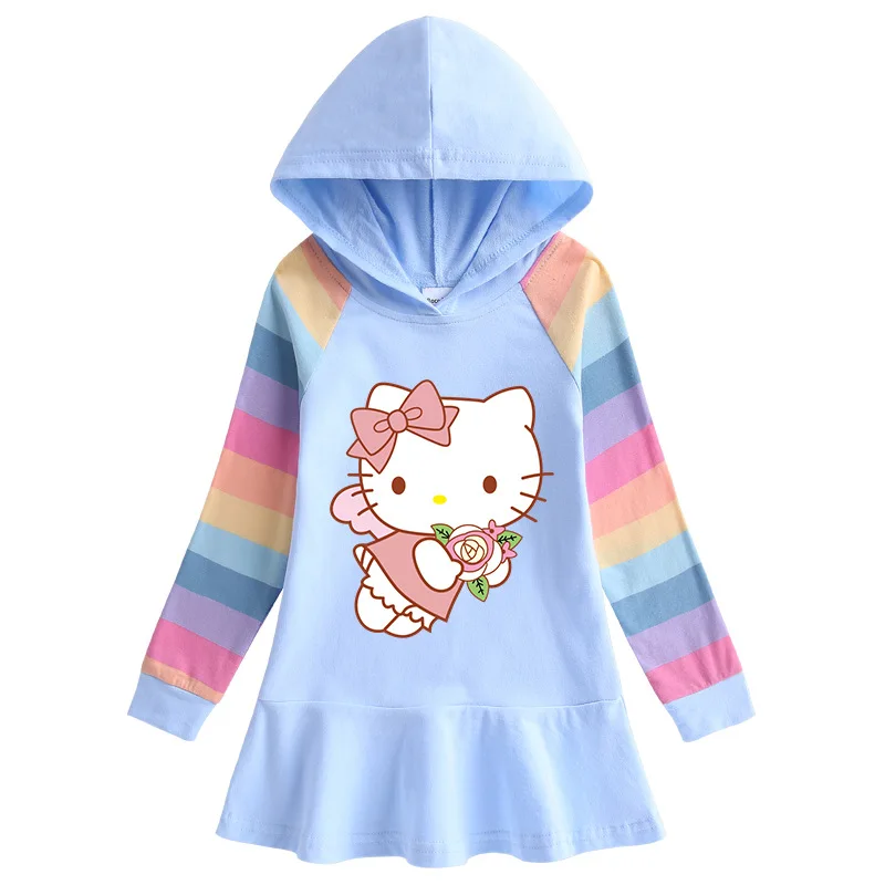 thumbnail image 1 of Hello Kitty-vestido de algodón con dibujos de arcoíris para niñas, suéter con capucha de manga larga, falda de princesa, ropa para niños, primavera y otoño, 1 of 5