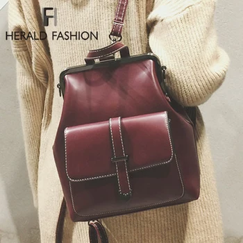 

Herald Fashion Vintage Hasp Back Pack Bags PU Leather Backpack Women School Bags For Teenage Girls Luxury Small Backpacks 2019
