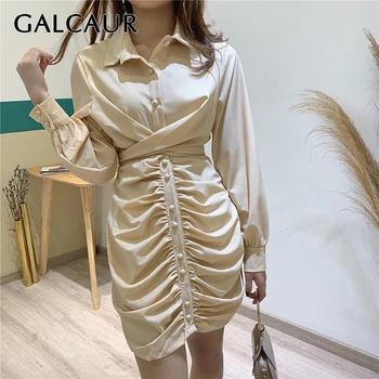 

GALCAUR Korean Lace Up Ruched Women's Dresses Lapel Collar Long Sleeve High Waist Sashes Bowknot Mini Dress Female 2020 Fashion