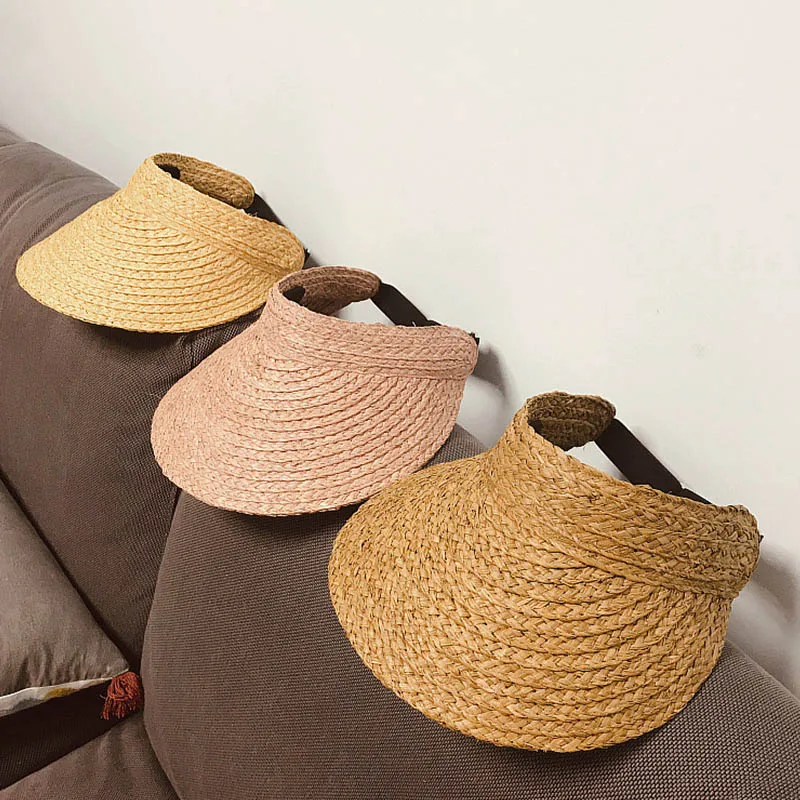 Neue Mode Breiter Krempe Bast Sonnenblende Hut für Frauen Stroh Hut Pferdeschwanz Sommer Strand Hut UV Packable Reise Derby hut – Detail 3