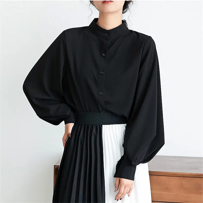 HziriP, дизайн, шифоновая винтажная стойка, рукава фонарики, свежая Высококачественная Ретро Офисная Женская универсальная рубашка большого размера - Цвет: black