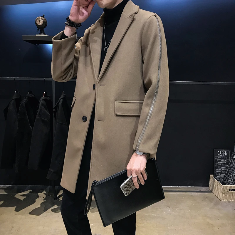 

Men's winter woolen coat men's casual suit collar long solid color jacket men's single-breasted zipper decorative woolen coat